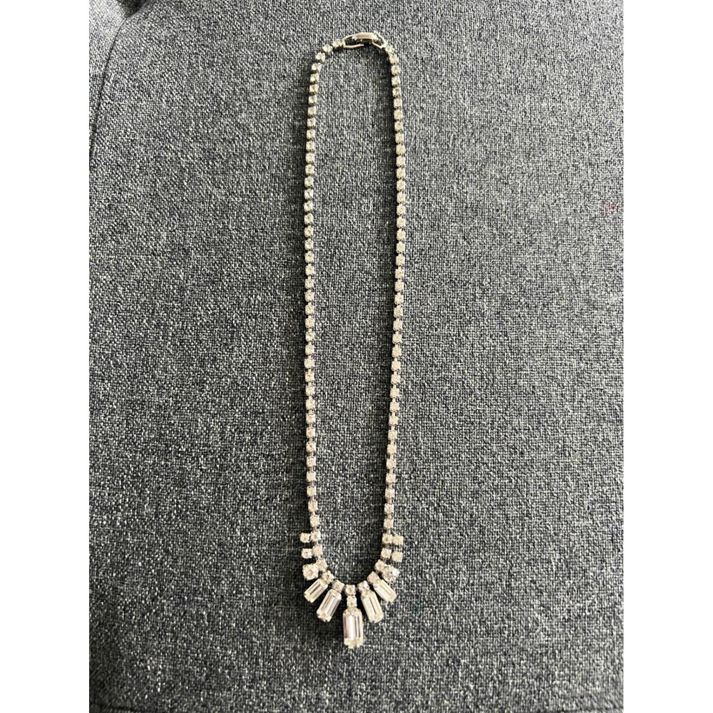Vintage Rhinestone Fringe Necklace Women OS Silver Excellent Crystal Art Deco